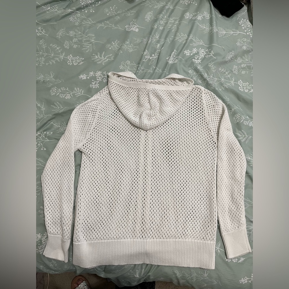 Chico's Open Knit Hooded Zip Jacket Cardigan Sweater Sz 2 = 8-10 M Cotton White - Picture 2 of 5